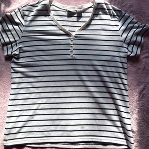 navy blue and white striped short-sleeve tee